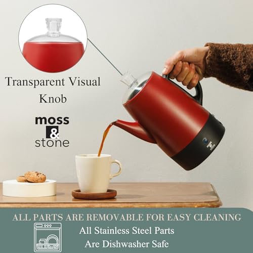 Moss & Stone 10 Cup Red Electric Percolator Coffee Pot, Stainless Steel