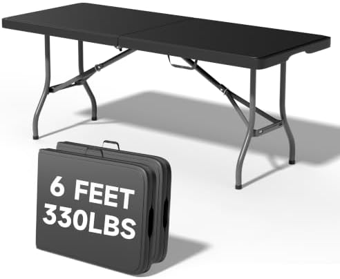 6 Foot Folding Table Black, Sturdy 330LBS Capacity, Reinforced Steel Legs, Foldable with Safety Lock, Portable for Parties, Picnics, Camping, 2 Pack