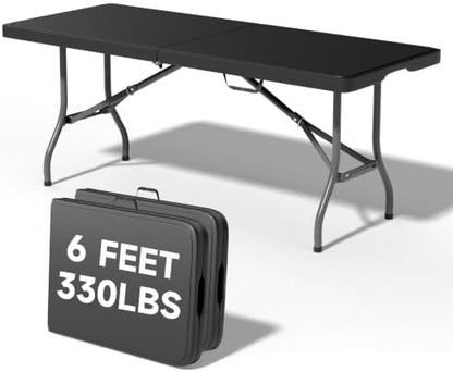 6 Foot Folding Table Black, Sturdy 330LBS Capacity, Reinforced Steel Legs, Foldable with Safety Lock, Portable for Parties, Picnics, Camping, 2 Pack