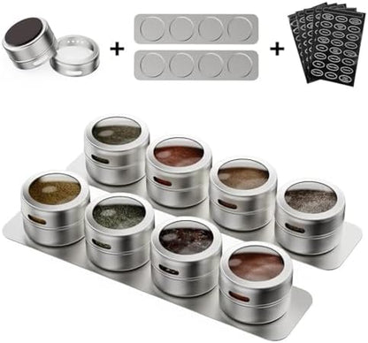 Vetacsion Set of 8 Magnetic Spice Tins with 2 Metal Wall-Plates,120 Preprinted Seasoning Label Stickers,2 Styles for 3 oz Herb Jars