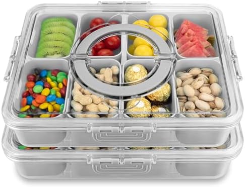 Divided Serving Tray with Lid and Handle,8 Compartments Snacks Box,Snack Fruit and Veggie Tray,Portable Platter for Candy Fruits Nuts Snack Party Entertaining Picnic (2 PCS Grey)