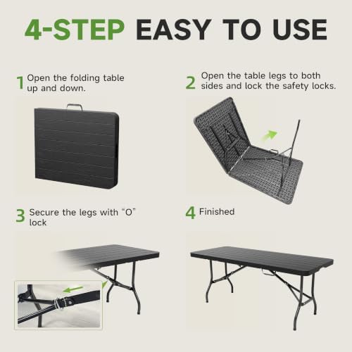 Heavy Duty Folding Table, Sturdy Portable Foldable Table with Safety Lock, Indoor Outdoor Use for Camping Party, 6/8 Foot (Standard, Black-Wood Grain, 6FT-1 Pack)