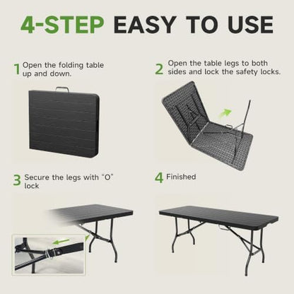 Heavy Duty Folding Table, Sturdy Portable Foldable Table with Safety Lock, Indoor Outdoor Use for Camping Party, 6/8 Foot (Standard, Black-Wood Grain, 6FT-1 Pack)