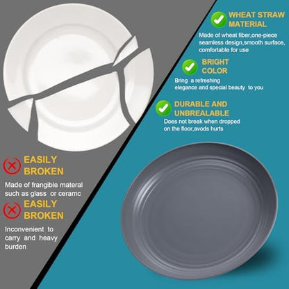 LIYH 16pcs Wheat Straw Dinnerware Sets - Unbreakable Dinnerware Sets for 4, Plastic Plates and Bowls Set Reusable Tableware Plates Dishes Set for 4 Dark Grey 8 Plate 4 Bowls 4 Cups