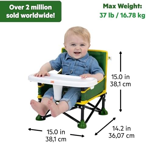 Bright Starts John Deere Pop 'N Sit Portable Booster Chair, Floor Seat, Indoor/Outdoor Use, Compact Fold, Green and Yellow, 6 Mos - 3 Yrs