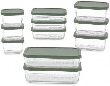 Glass Food Storage Containers with Lids - 22 Piece - 10.5 oz, 17.6 oz, 25.4 oz & 57.5 oz Sets Glass with BPA-Free Leak Resistant Stackable Lids - Microwave, Oven & Dishwasher Safe - Ideal - Soft Sage