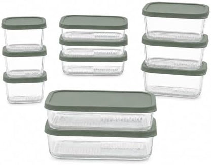 Glass Food Storage Containers with Lids - 22 Piece - 10.5 oz, 17.6 oz, 25.4 oz & 57.5 oz Sets Glass with BPA-Free Leak Resistant Stackable Lids - Microwave, Oven & Dishwasher Safe - Ideal - Soft Sage
