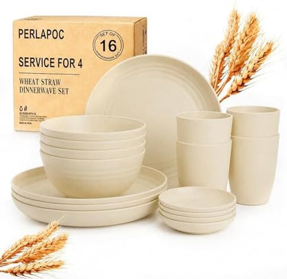 16 PCS Camping Dishes Set for 4, Unbreakable Plates and Bowls Set