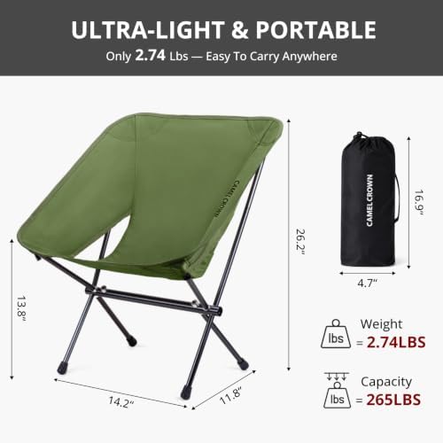 CAMEL CROWN Portable Camping Chair Lightweight Compact Folding Chair Mesh for Outdoor Camp Travel Beach Picnic Festival Hiking Backpacking (Green-1, 1 Pack)