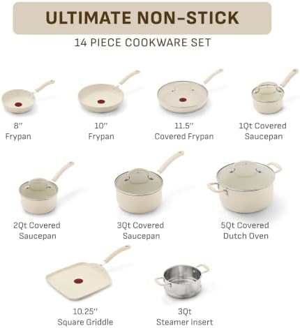 T-fal Ultimate Non-Stick, 14 Piece Pots and Pans Cookware Set, Beige
