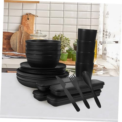 BESPORTBLE 20pcs Black Dinnerware Set for 4 People, Includes Bowl, Plate, Fork, Spoon, Knife, Reusable Portable Cutlery Set for Camping, Picnic, and Lunch Box Use
