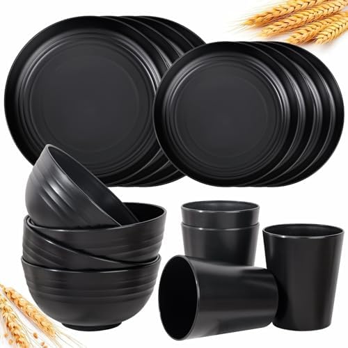 LIYH 16 Pcs Unbreakable Wheat Straw Dinnerware Set for RV & Dorm, Black