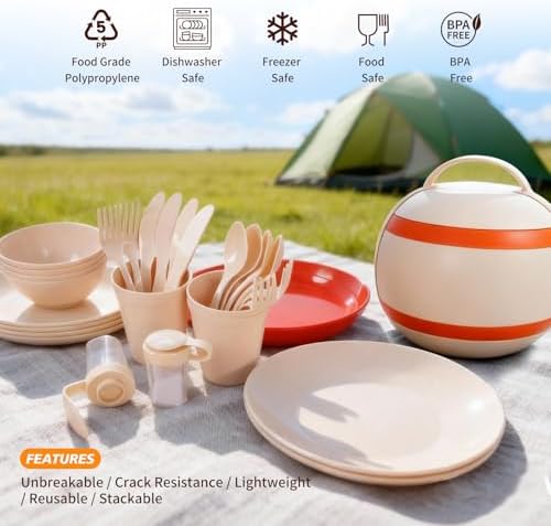 Camping Dishes Picnic Set, 31 Pcs Plastic Dinnerware Dishes Sets for 4