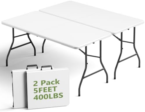 Folding Table, 5FT Portable Fold-in-Half Plastic Picnic Table, Heavy Duty Foldable Table with Carrying Handle, Ideal for Party, Camping, Craft, Dining, Wedding, Outdoor and Indoor Use, 2 Pack