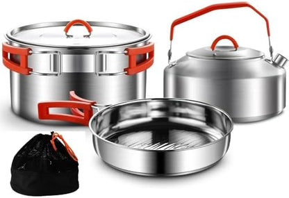 Camping Cookware Set 304 Stainless Steel Camping Pot Pan and Kettle Kit