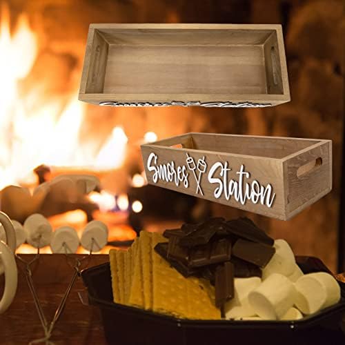 PuGez S'mores Station Box with Handles, Outdoor Kitchen Camping Decor Food Container, Farmhouse Bar Holder Accessories Organizer, Rustic 3D Style Storage Caddy Kit for Fire Pit, BBQ Housewarming Gift