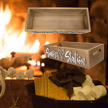 PuGez S'mores Station Box with Handles, Outdoor Kitchen Camping Decor Food Container, Farmhouse Bar Holder Accessories Organizer, Rustic 3D Style Storage Caddy Kit for Fire Pit, BBQ Housewarming Gift