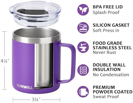 SUNWILL Insulated Coffee Mug with Lid, Travel Tumbler with Handle, 14 oz Stainless Steel Cup for Camping, Office, Home, Powder Coated Purple