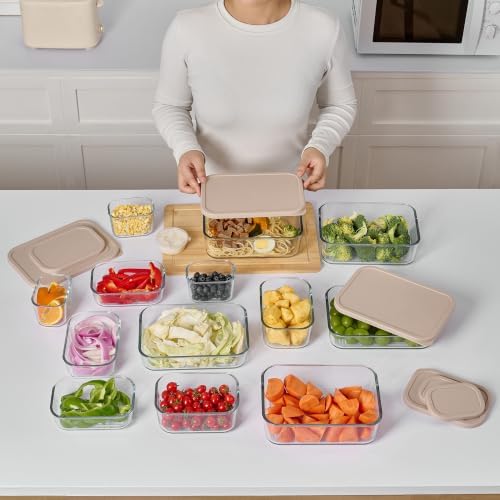 Glass Food Storage Containers with Lids — 12 Piece — 24.4 oz Glass with BPA-Free Leak Resistant Stackable Lids — Microwave, Oven & Dishwasher Safe — Ideal for Meal Prep & More - Cashew Cream