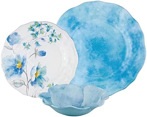 UPware 12 Piece Campanula Melamine Dinnerware Sets, Outdoor Dishes Set, Plates and Bowls Sets, Service for 4, Sky Blue