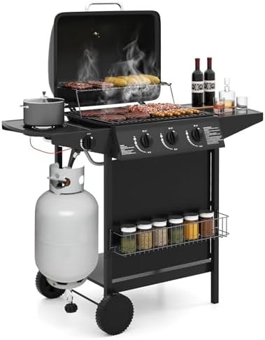 Happygrill 3 + 1 Burner Propane Gas Grill with Storage Shelves & Wheels