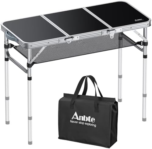 Anbte 3ft Folding Camping Table, 3 Adjustable Height Max 27.5", Black