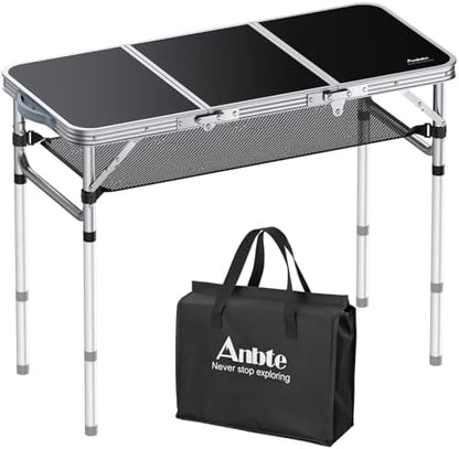 Anbte 3ft Folding Camping Table, 3 Adjustable Height Max 27.5", Black