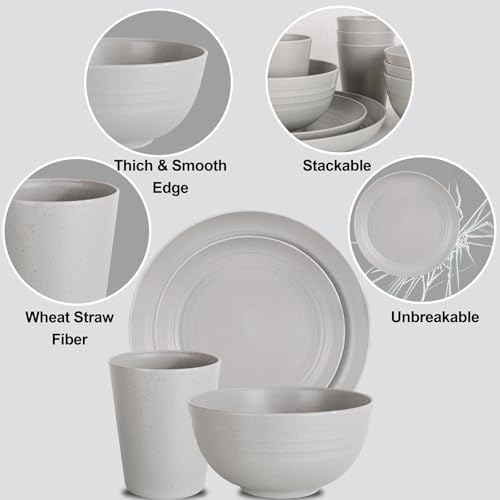 LIYH Grey 16 Pcs Unbreakable Wheat Straw Dinnerware Sets Kids BPA Free