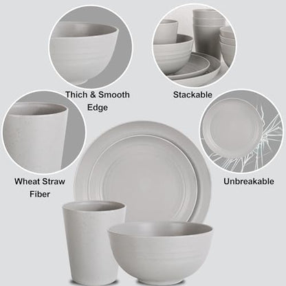 LIYH Grey 16 Pcs Unbreakable Wheat Straw Dinnerware Sets Kids BPA Free