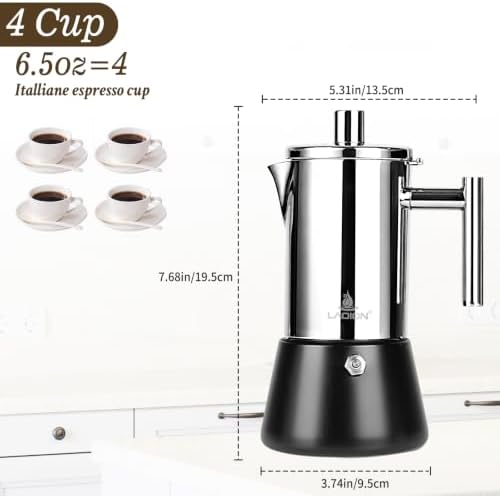 LAOION Stovetop Espresso Maker, 4Cup 6.8 oz Moka Pot, Stainless Steel