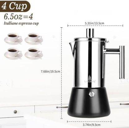LAOION Stovetop Espresso Maker, 4Cup 6.8 oz Moka Pot, Stainless Steel