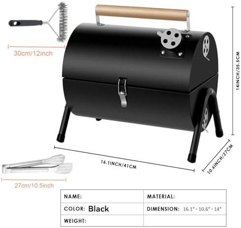 Portable bbq Charcoal Grill Small Folding Table Top Charcoal Grill for Outdoor Camping Two Side Carbon Smoker Griller with bbq Grill Brush and Metal Tongs (Black)