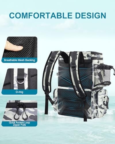 HXLGMD Fishing Backpack with Rod Holders, Double Layer Large Water-resistant Tackle Bag Store Gear with Cooler, Grey