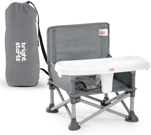 Bright Starts Pop ‘N Sit Portable Booster Seat, 3-in-1 Floor Seat, Travel High Chair & Toddler Booster with Feeding Tray, Indoor/Outdoor, Grey, 6 Months–3 Years