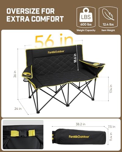 FanttikOutdoor Zeta L11 Duo Pro Double Camping Chair, 2 Person Portable Folding Couch, Up to 600 lbs, High Strength Loveseat with Cup Holder & Carry Bag for Travel, Patio, Games, BBQ, Backyard, Black