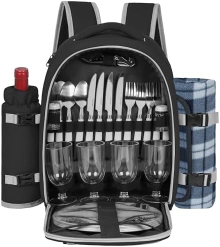 Picnic Backpack for 4 Persons with Insulated Leakproof Cooler Compartment, Cutlery Sets, Wine Holder, Fleece Blanket, Wedding Gifts for Couples, Perfect for Beach, Camping, Hiking, Black