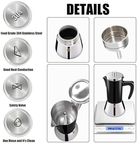 4 Cup Thickened 304 Stainless Steel Moka Pot Stovetop Espresso Maker Cafeteras Italian Percolator Espress Makers Capable Greca Mocha Coffee Machine for Induction Home and Camping 200ml 6.6oz