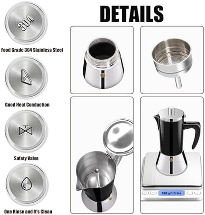4 Cup Thickened 304 Stainless Steel Moka Pot Stovetop Espresso Maker Cafeteras Italian Percolator Espress Makers Capable Greca Mocha Coffee Machine for Induction Home and Camping 200ml 6.6oz