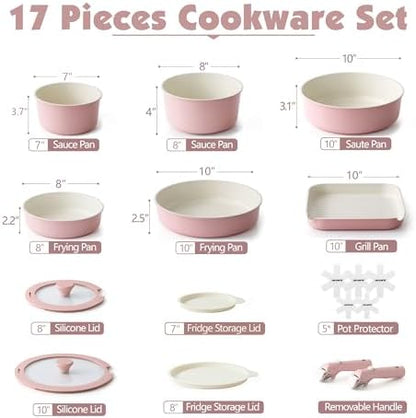 SENSARTE 17 Piece Ceramic Detachable Handle Pots and Pans Set Pink
