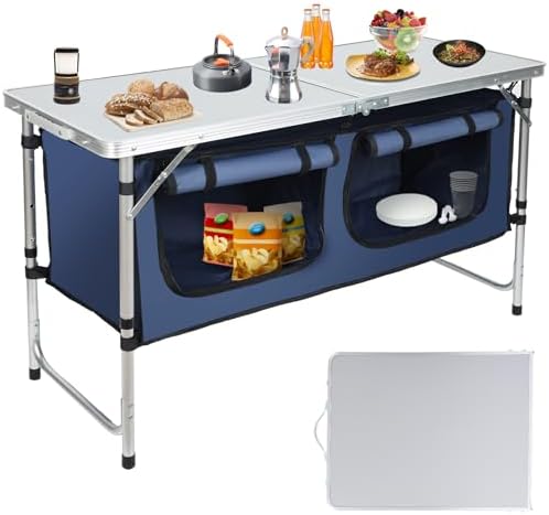 Outdoor Folding Camping Table with Storage Organizer(Blue)