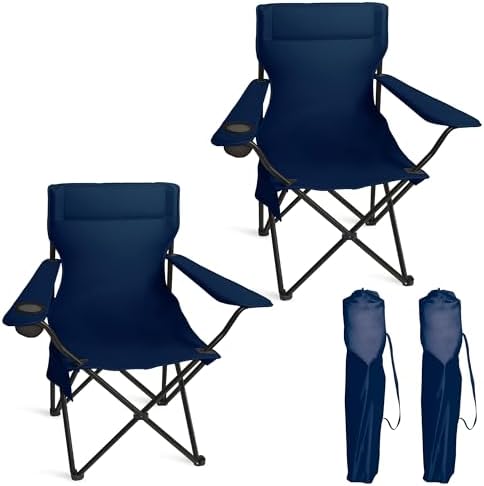 Portable Camping Chair 2 Pack, Folding Outdoor Chair with Cup Holder & Side Pocket for Camping, Hiking, Picnic, Beach (Navy Blue)