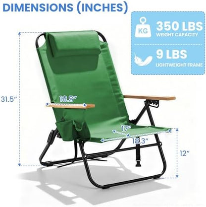 2 Pack Premium 5-Position Reclining Camping Chair - Portable Folding Lightweight Outdoor Chair with Wooden Armrests, Headrest & Pockets, 350lbs Heavy Duty for Beach, Patio, Backyard, Green
