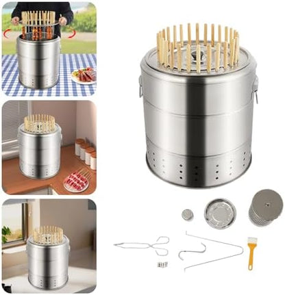 Portable Charcoal Grills, 2 in 1 Vertical Smoker, 360° Smokeless Stainless Steel BBQ Grill Barrel for Outdoor Barbecue, Camping, And Backyard Cooking (Medium-28 Skewers)