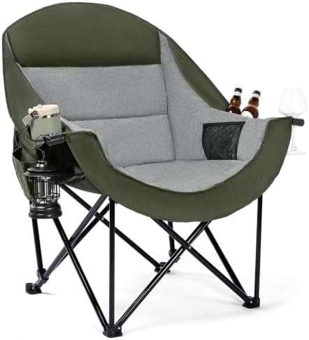 Oversized Camping Chairs for Adult - Heavy Duty Padded Portable Folding Chair XL Collapsible Camp Chair with Cup Holder Cooler Pockets for Outdoor Lawn Beach Sport Fishing Support 500LBS, Green Grey
