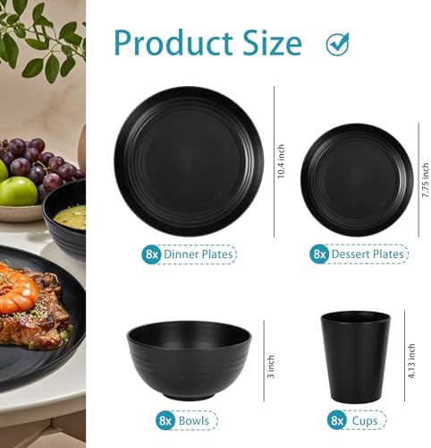 Supernal 32-Piece Black Wheat Straw Dinnerware Sets, Unbreakable Dish Sets
