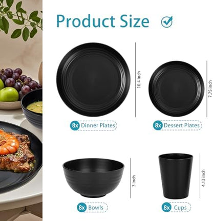 Supernal 32-Piece Black Wheat Straw Dinnerware Sets, Unbreakable Dish Sets