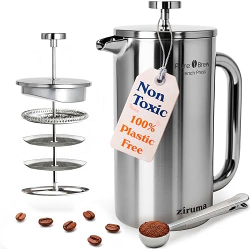 Non-Toxic Stainless Steel French Press, No Plastic or Heavy Metals, 34 oz