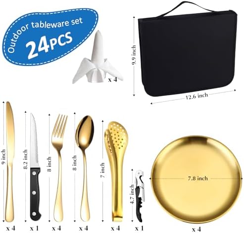 Camping Silverware Kit Cutlery Organizer Utensil Picnic Set Stainless Steel Plate Spoon Clip and Serrated Knife Wine Opener Fork Napkin Hiking - Camp Kitchen BBQ’s