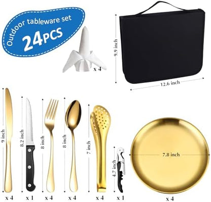 Camping Silverware Kit Cutlery Organizer Utensil Picnic Set Stainless Steel Plate Spoon Clip and Serrated Knife Wine Opener Fork Napkin Hiking - Camp Kitchen BBQ’s
