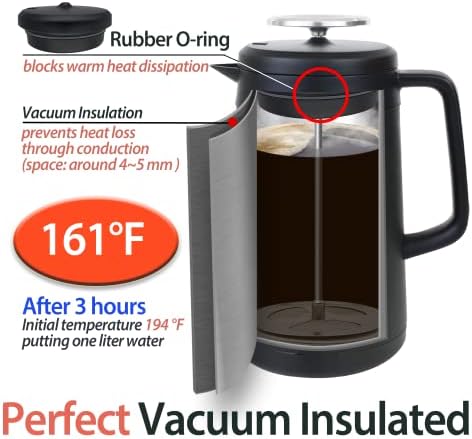 PortableAnd 34oz Double Vacuum Insulation Large Silicone French Press Coffee Maker, Metal Stainless Steel, Matte Black, Perfect for Camping, Travel, and At-Home Use (Light Gold)